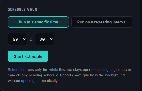 Schedule a run panel with time picker and Start schedule button